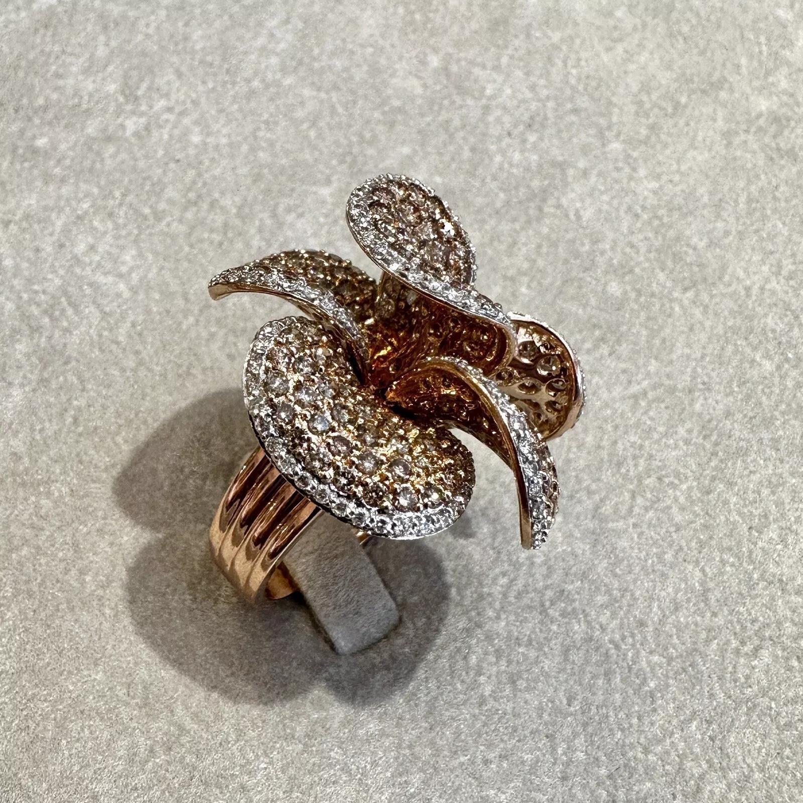Round Cut Brown and White Diamond Flower Petal Ring in 18k Rose Gold For Sale