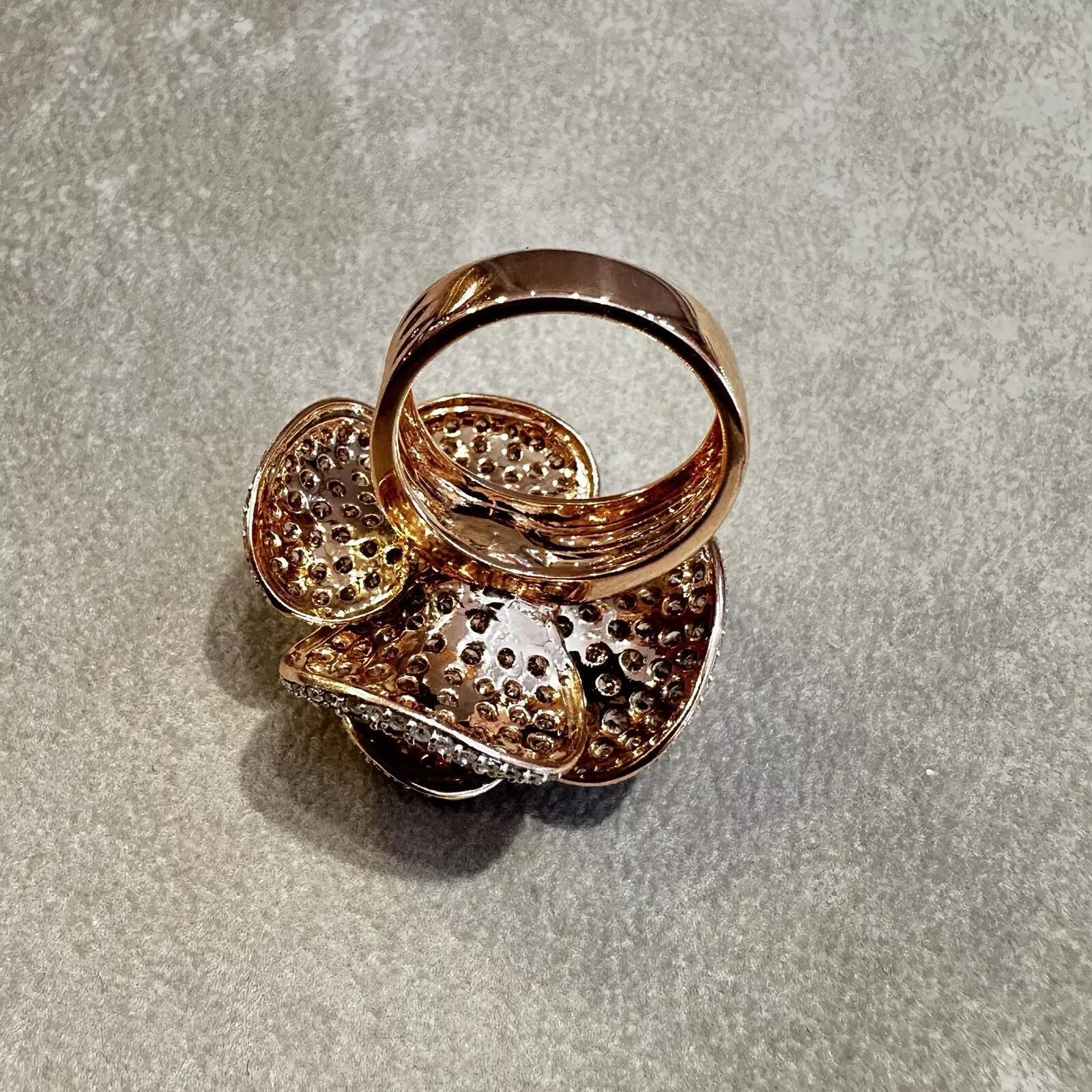 Brown and White Diamond Flower Petal Ring in 18k Rose Gold For Sale 1