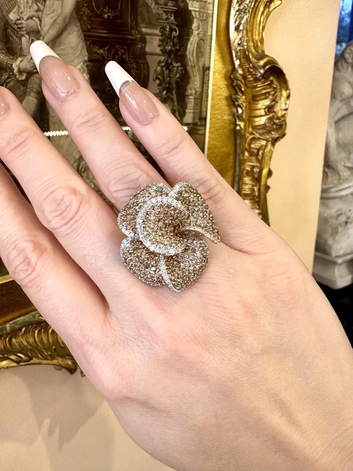 Brown and White Diamond Flower Petal Ring in 18k Rose Gold For Sale 2