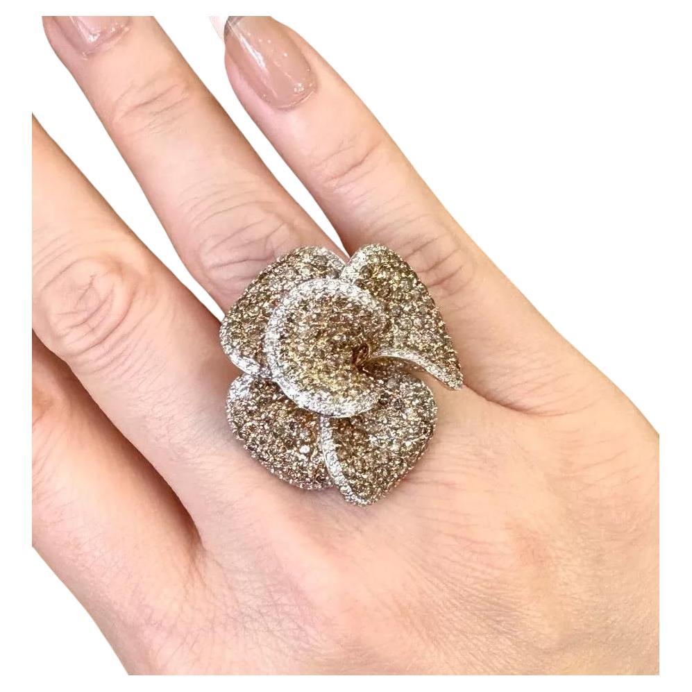 Brown and White Diamond Flower Petal Ring in 18k Rose Gold