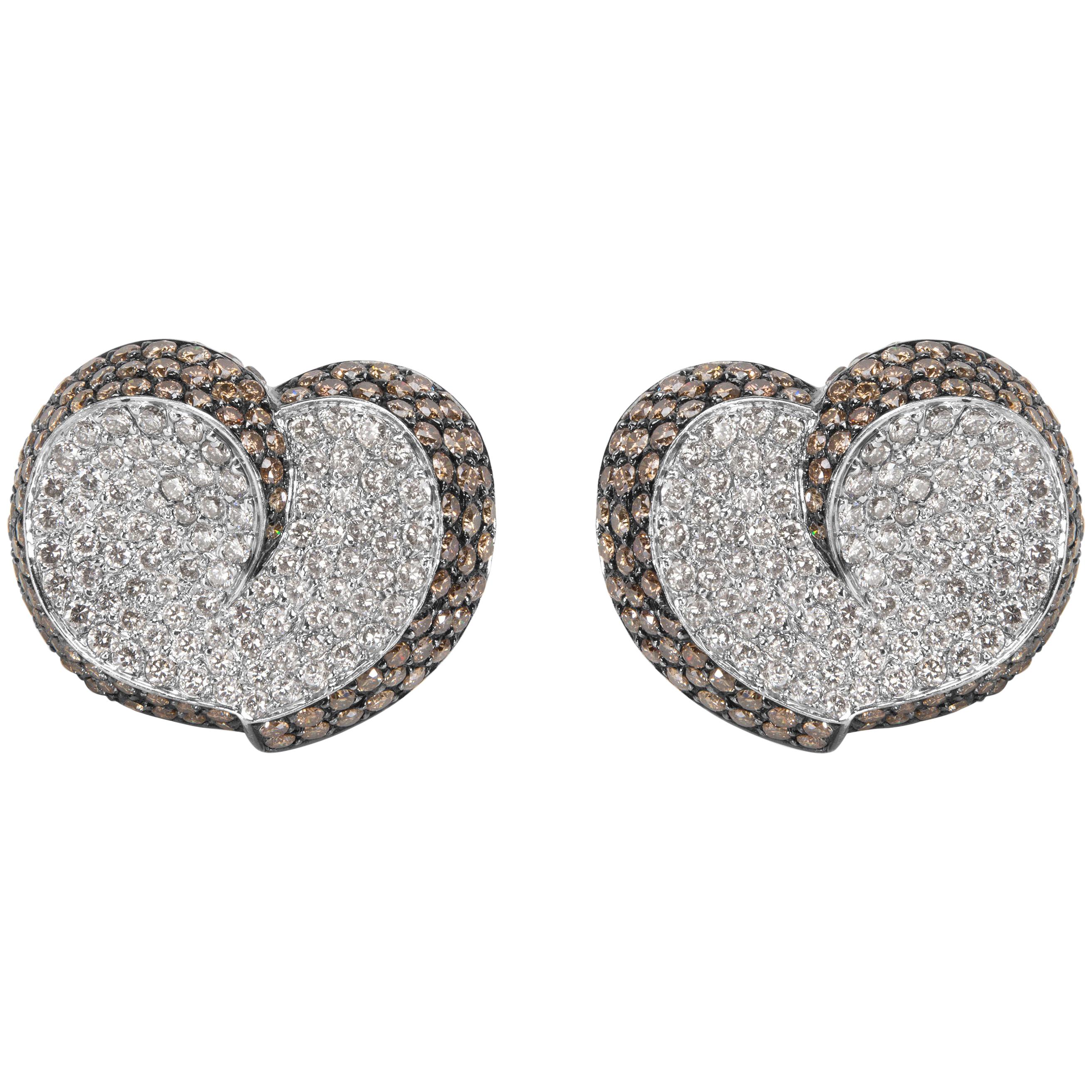 Brown and White Diamond Heart Earrings in 18 Karat White Gold 7.00 Carat