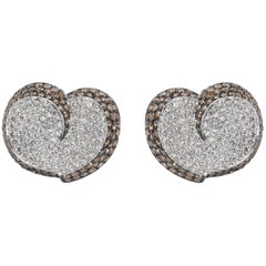 Brown and White Diamond Heart Earrings in 18 Karat White Gold 7.00 Carat