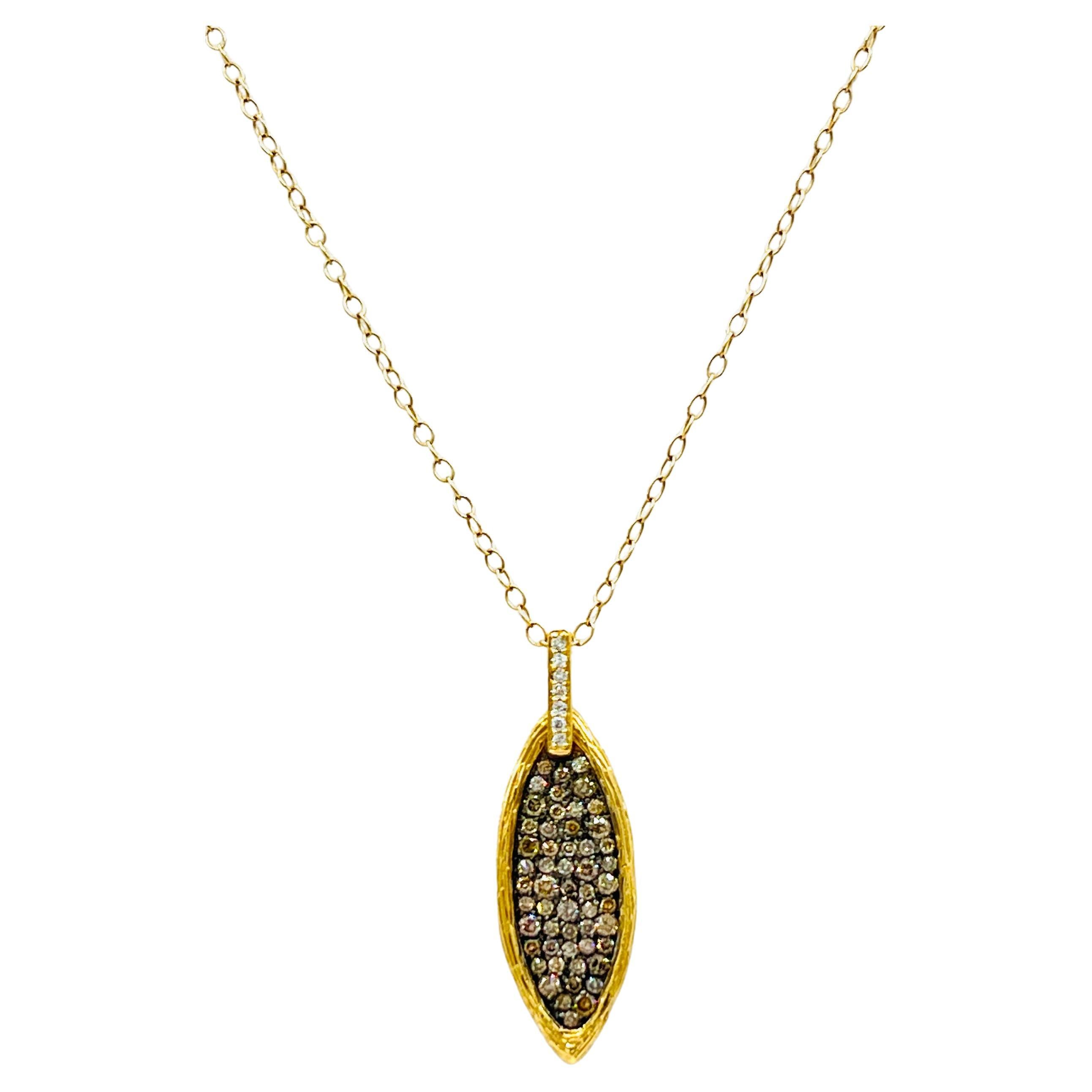 Brown and White Diamond Leaf Design Pendant Necklace in 14K Yellow Gold For Sale