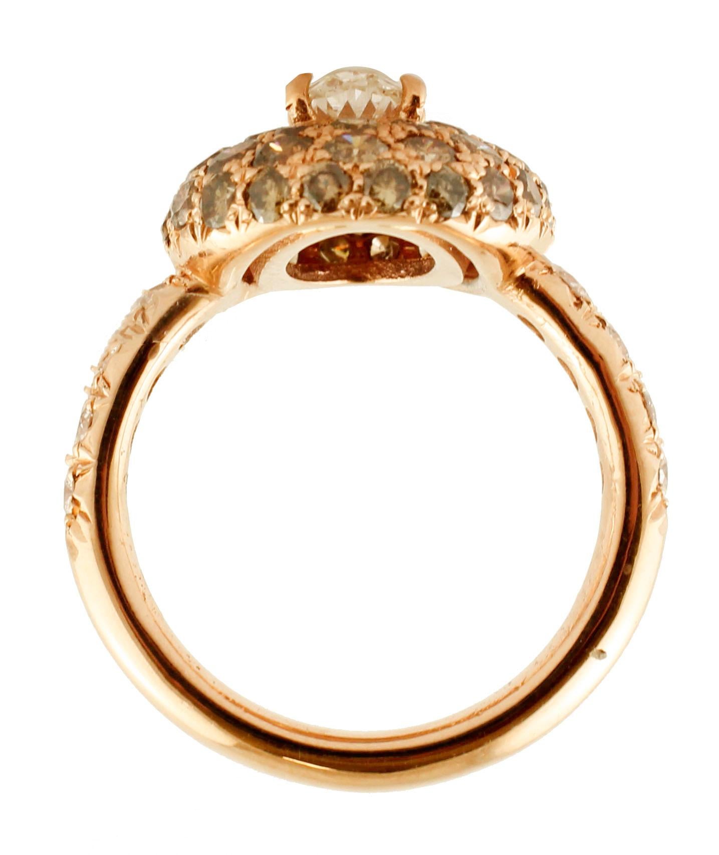 Retro Brown and White Diamonds 18 Karat Rose Gold Dome Ring For Sale