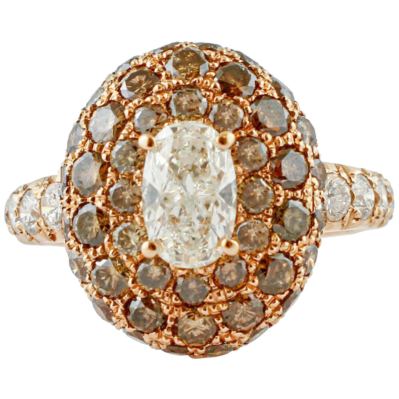 Brown and White Diamonds 18 Karat Rose Gold Dome Ring