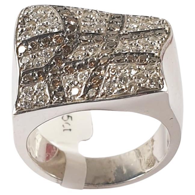 Brown and White Diamonds in Chessboard Design in 18 Karat White Gold Ring For Sale