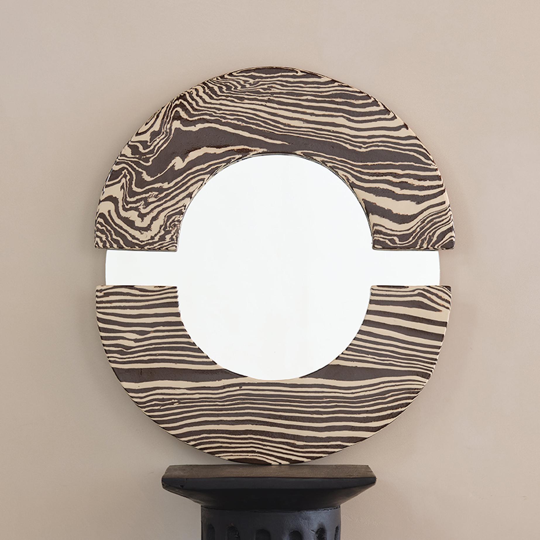 European Brown and White Handmade Round Circular Ceramic Mirror For Sale
