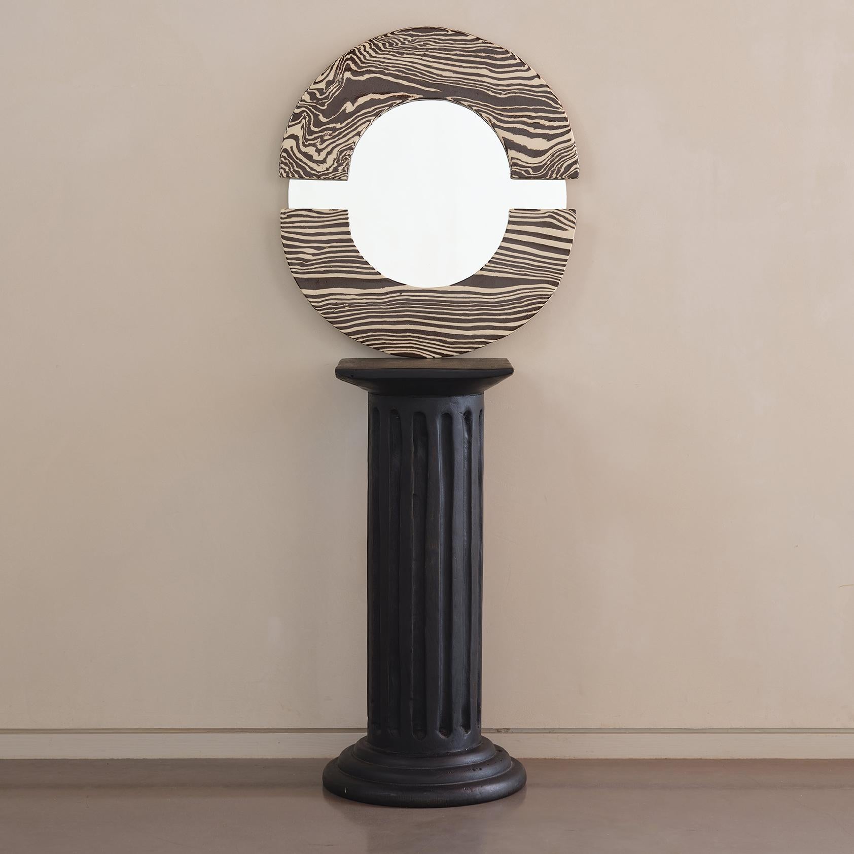 Brown and White Handmade Round Circular Ceramic Mirror In New Condition For Sale In London, GB