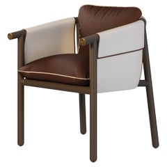 Outdoor Dining Chair in Brown and White Leather with Gold Accents