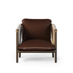 Outdoor Lounge Armchair in Brown and White Leather with Gold Accents