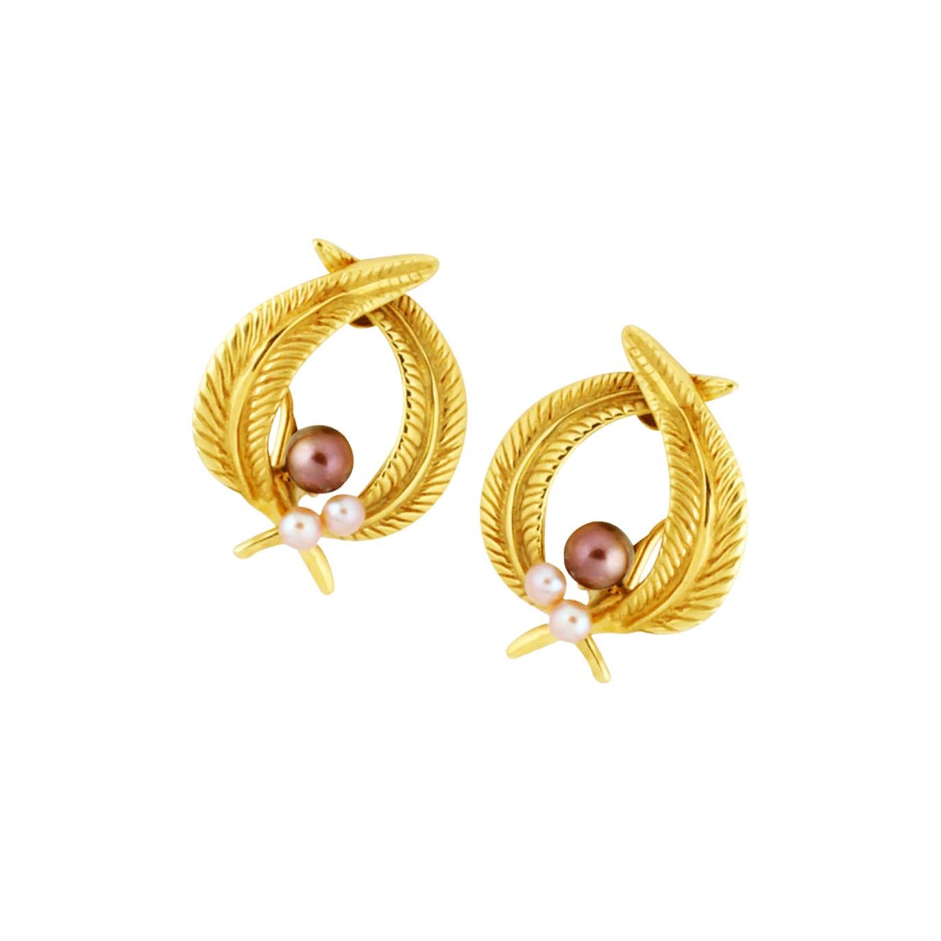 Brown and White Pearl 18 Karat Gold PALM LEAF Earrings by John Landrum Bryant In New Condition For Sale In New York, NY
