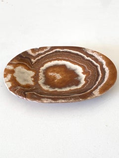 Brown and White Ring Design Small Oval Shape Onyx Tray, Brazil, Contemporary