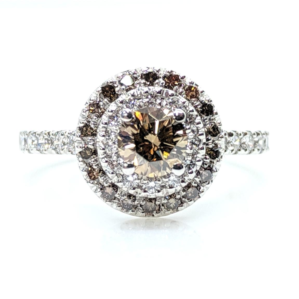 Art Deco Brown and White Round Diamond Cluster Engagement Ring in 18 Carat White Gold