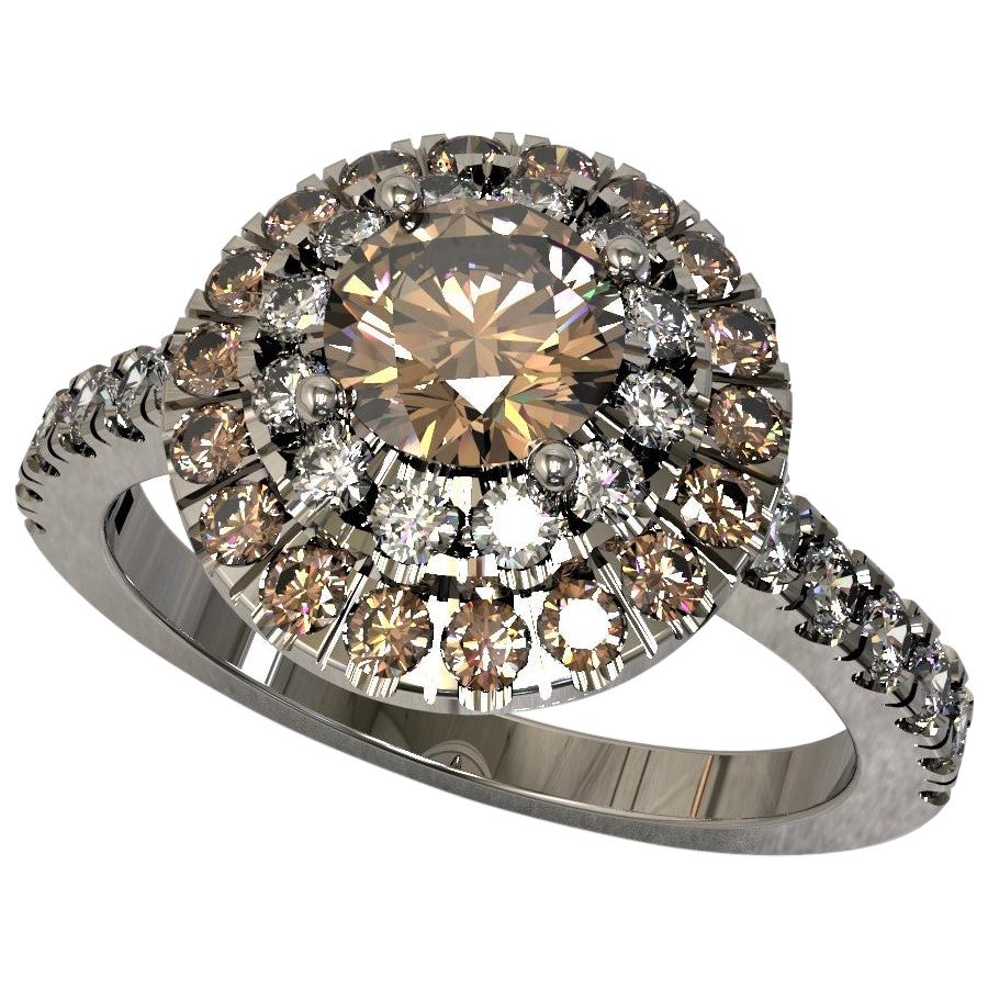 Brown and White Round Diamond Cluster Engagement Ring in 18 Carat White Gold