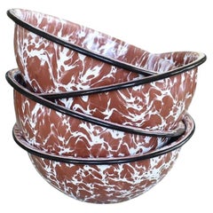Brown and White Splatter Enamelware Metal Bowls, Set of 4