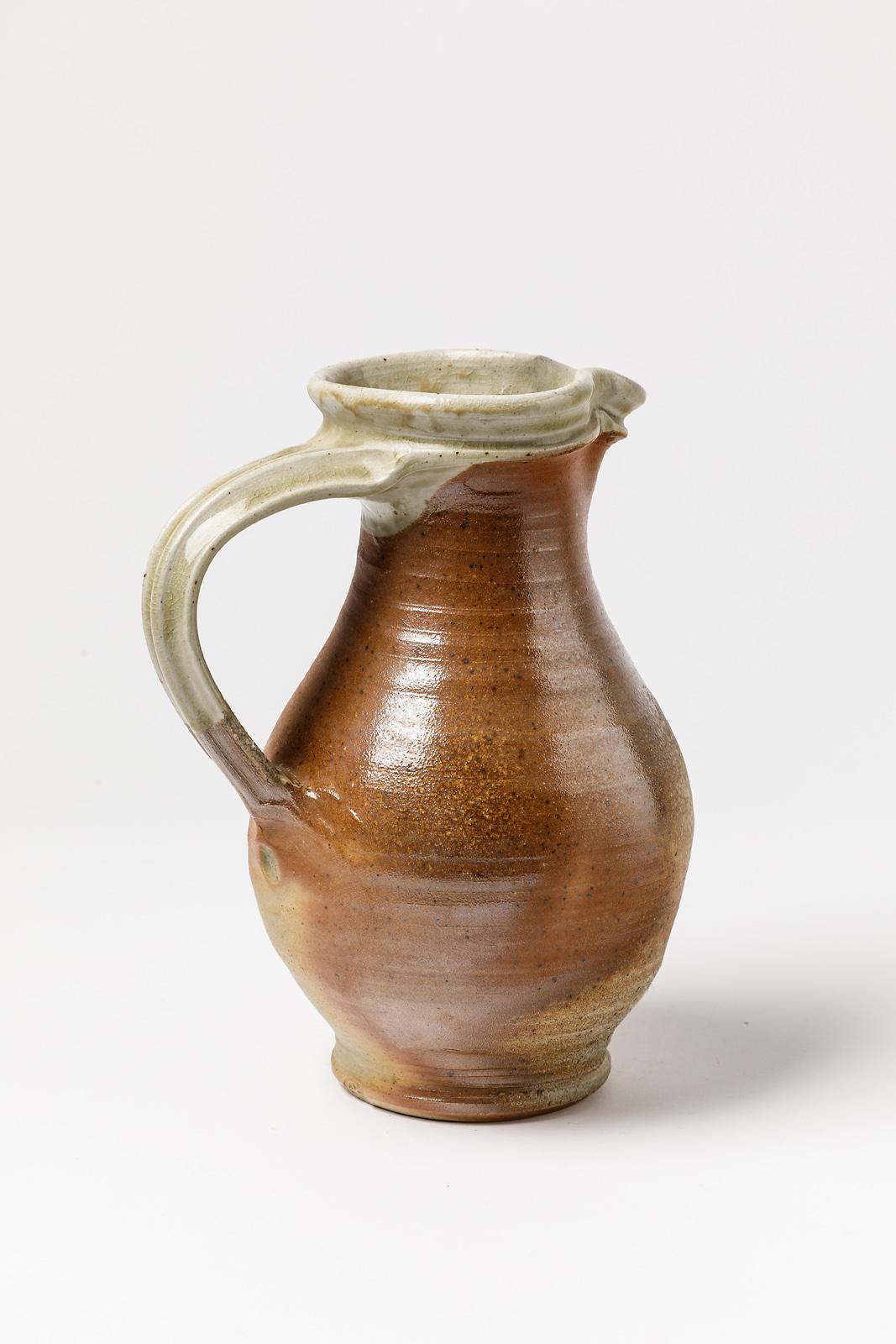 Keramikkrug aus braunem und weißem Steingut von La Borne, Keramik, um 1990 (Moderne) im Angebot