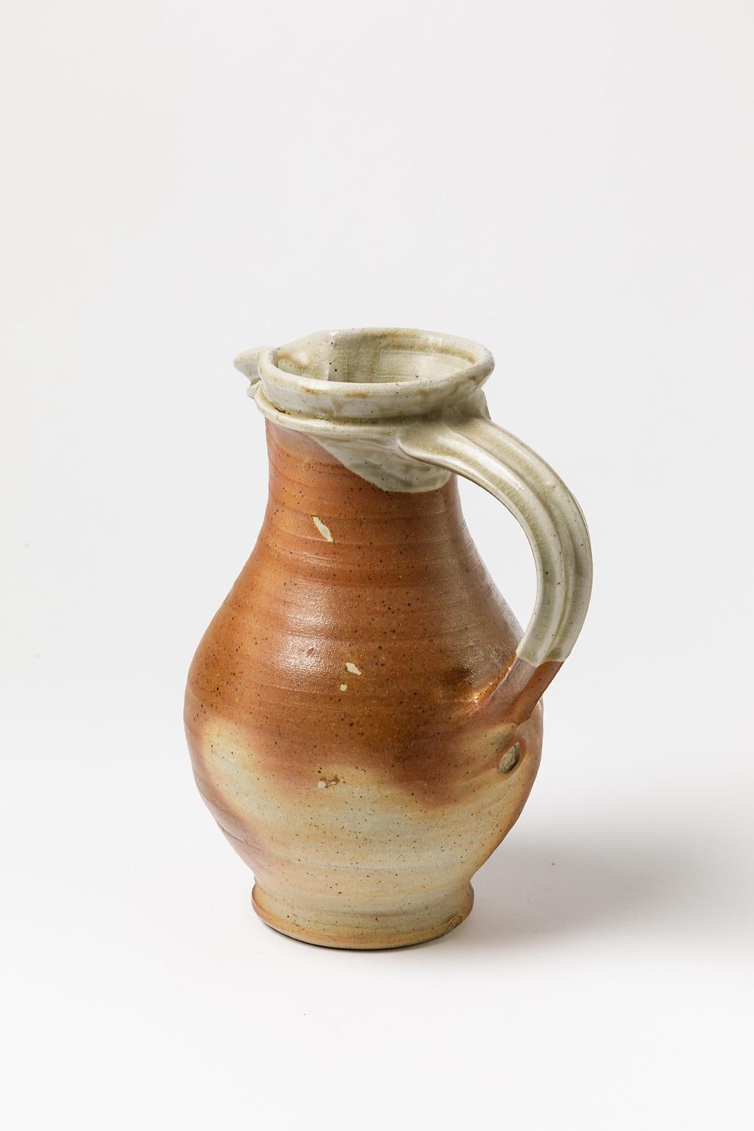 French Brown and White Stoneware Ceramic Pitcher La Borne circa 1990 Pottery For Sale