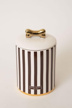 Brown and White Striped Porcelain Dog Biscuit Lidded Jar Henri Bendel