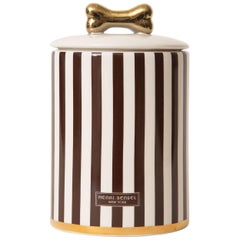 Brown and White Striped Porcelain Dog Biscuit Lidded Jar Henri Bendel 