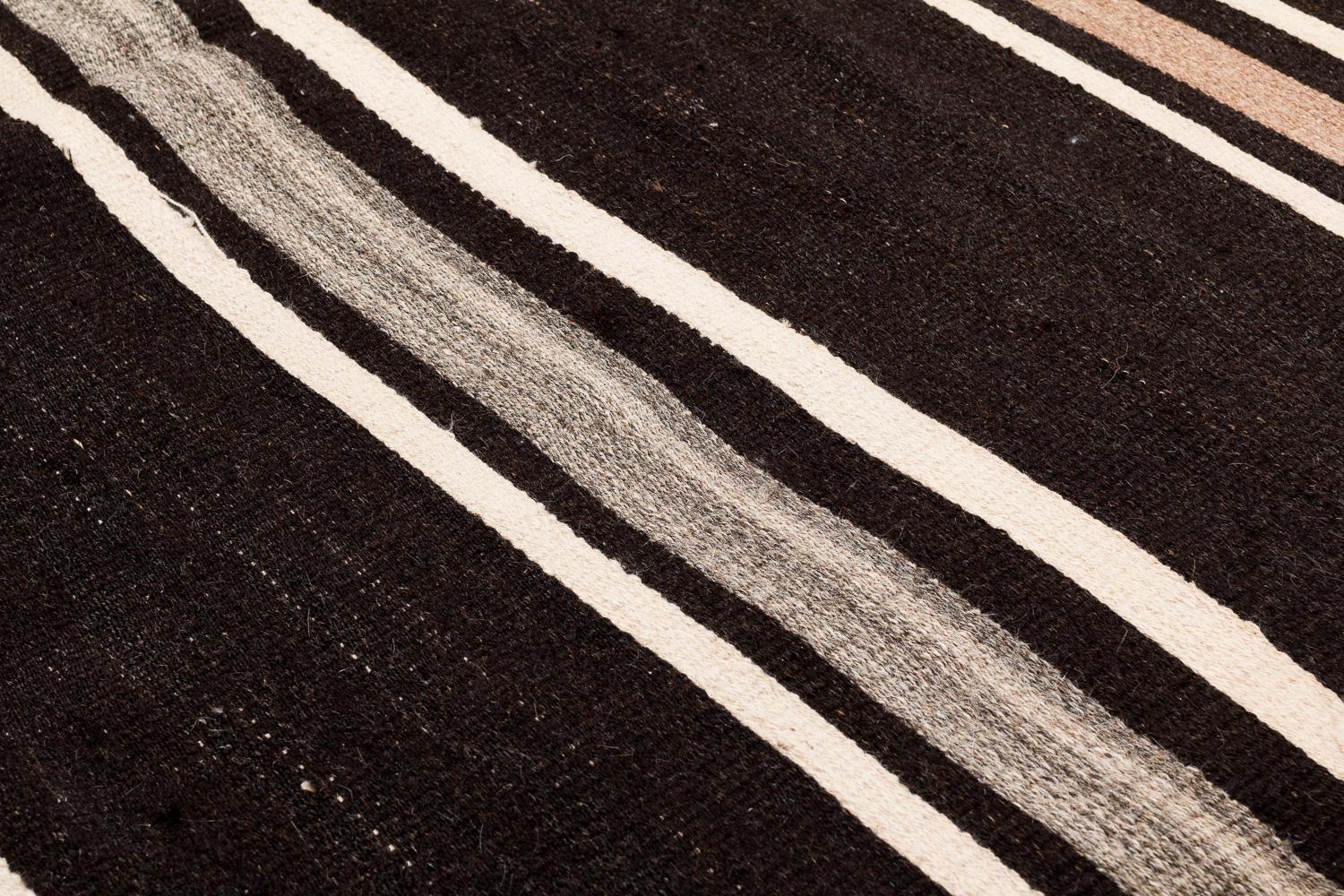 Brown and White Striped Vintage Moroccan Kilim Flatweave Area Rug For Sale 3