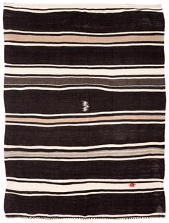 Brown and White Striped Vintage Moroccan Kilim Flatweave Area Rug