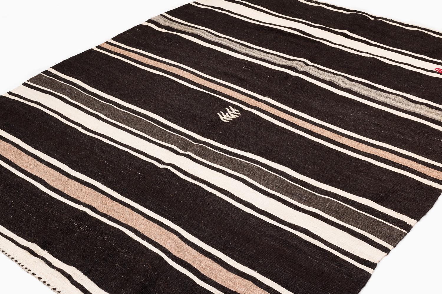 Tribal Brown and White Striped Vintage Moroccan Kilim Flatweave Area Rug For Sale