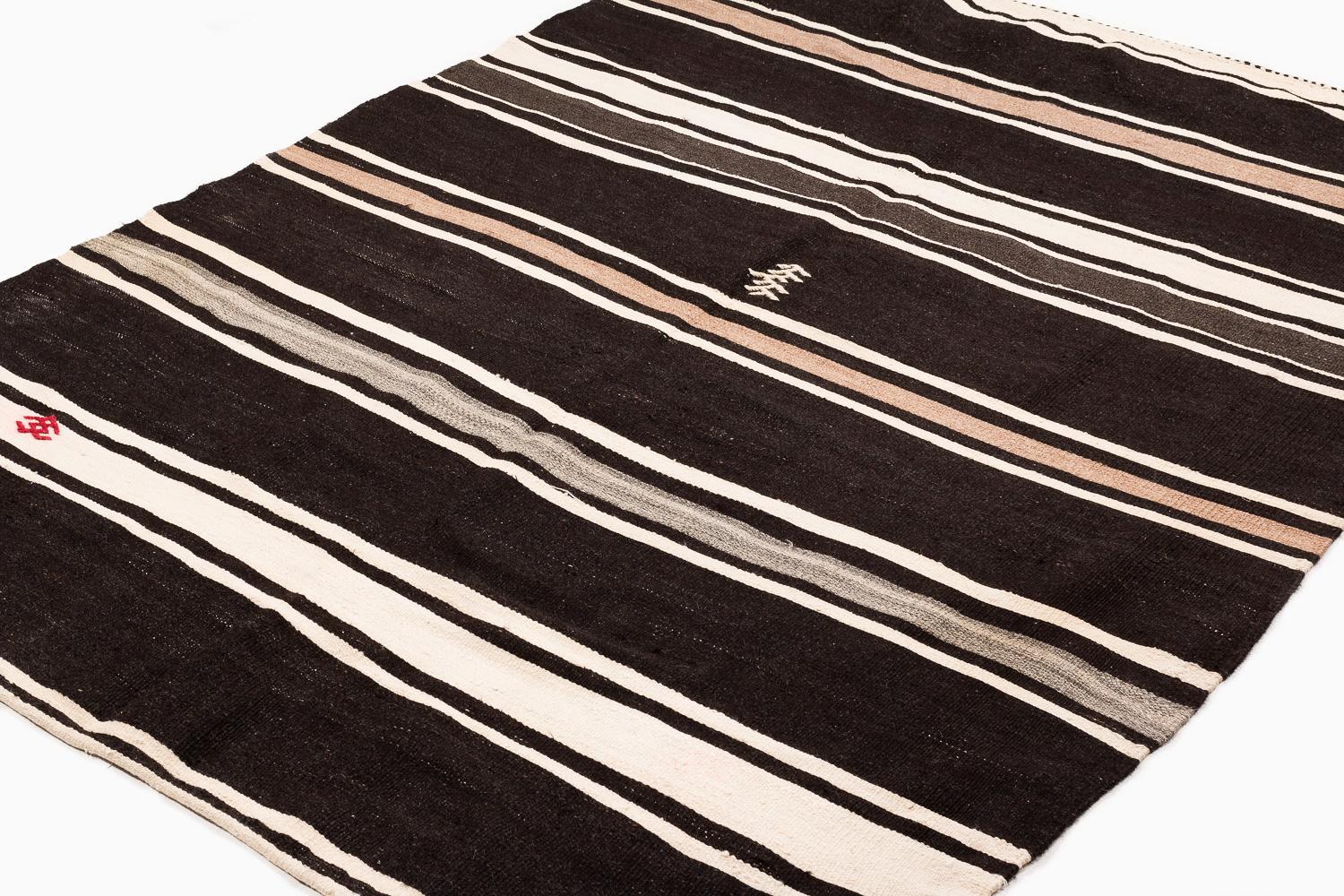 Hand-Woven Brown and White Striped Vintage Moroccan Kilim Flatweave Area Rug For Sale