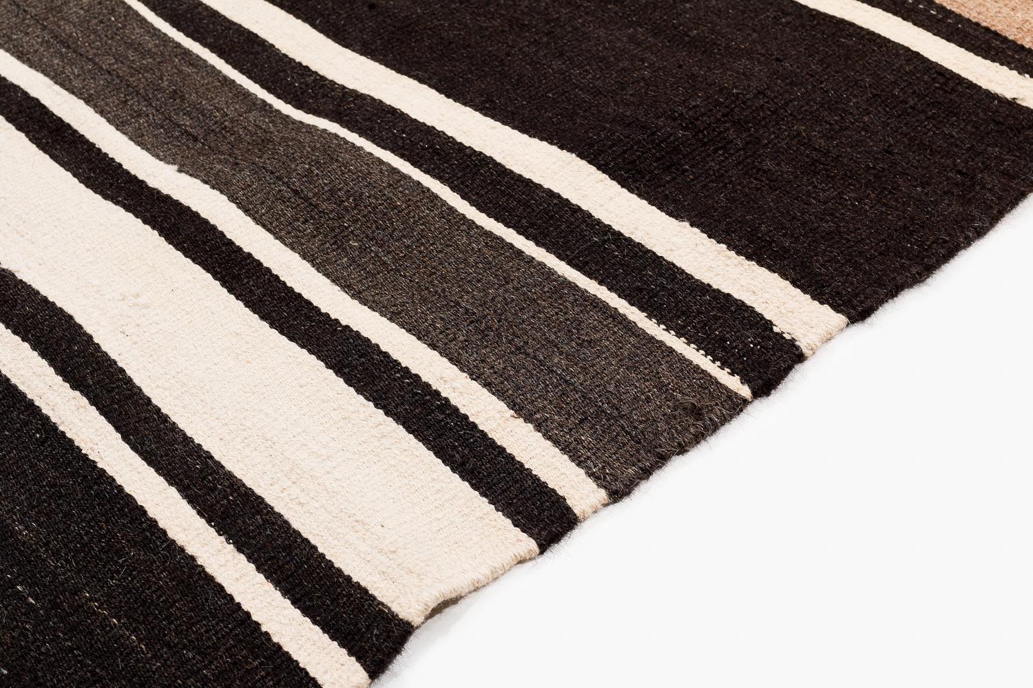 Wool Brown and White Striped Vintage Moroccan Kilim Flatweave Area Rug For Sale