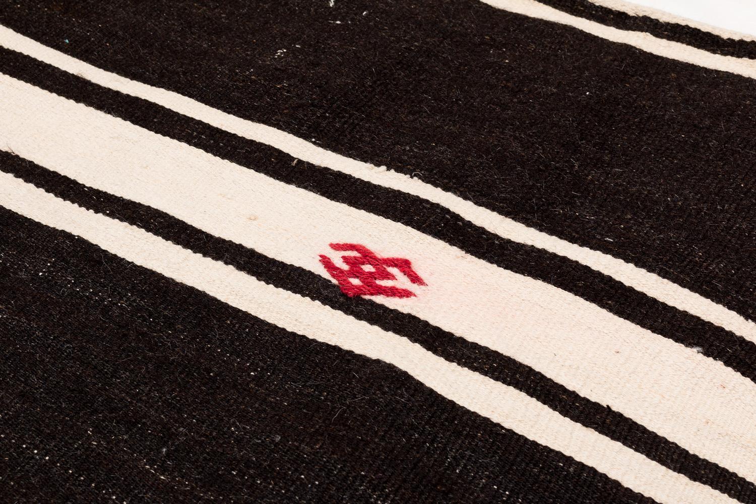 Brown and White Striped Vintage Moroccan Kilim Flatweave Area Rug For Sale 1