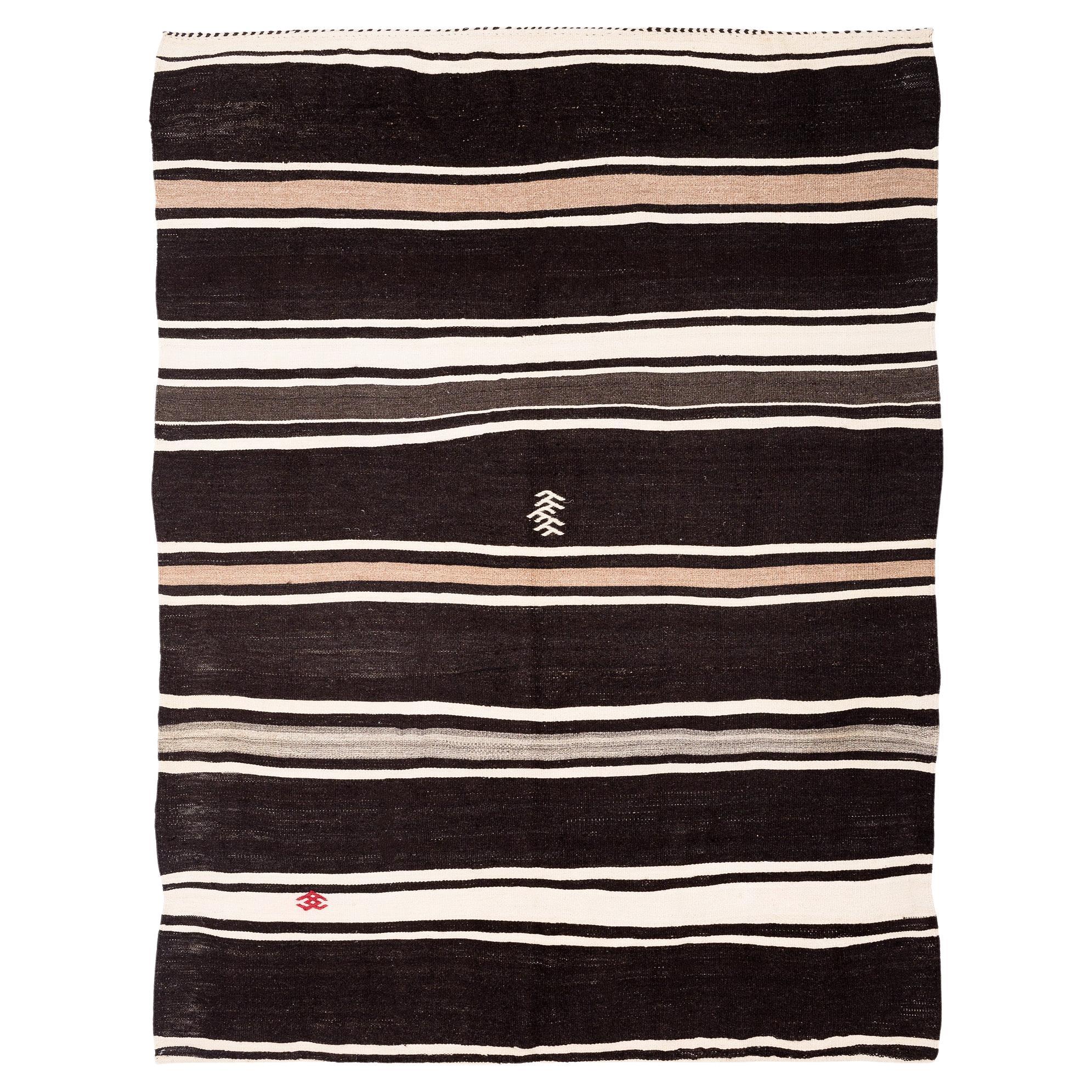 Brown and White Striped Vintage Moroccan Kilim Flatweave Area Rug For Sale