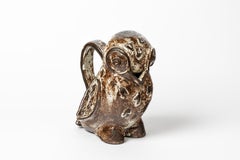 Brown and White Vintage Ceramic Pitcher Signed Owl Form circa 1970