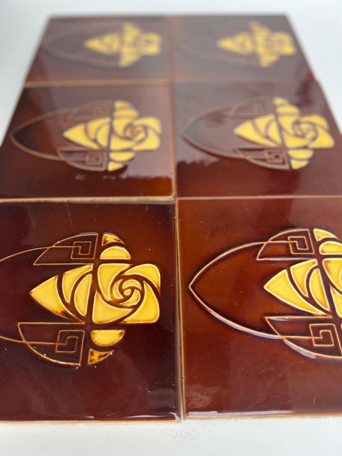 Brown and Yellow Art Nouveau Glazed Relief Tiles by Gilliot, Hemiksem, circa 192 For Sale 3