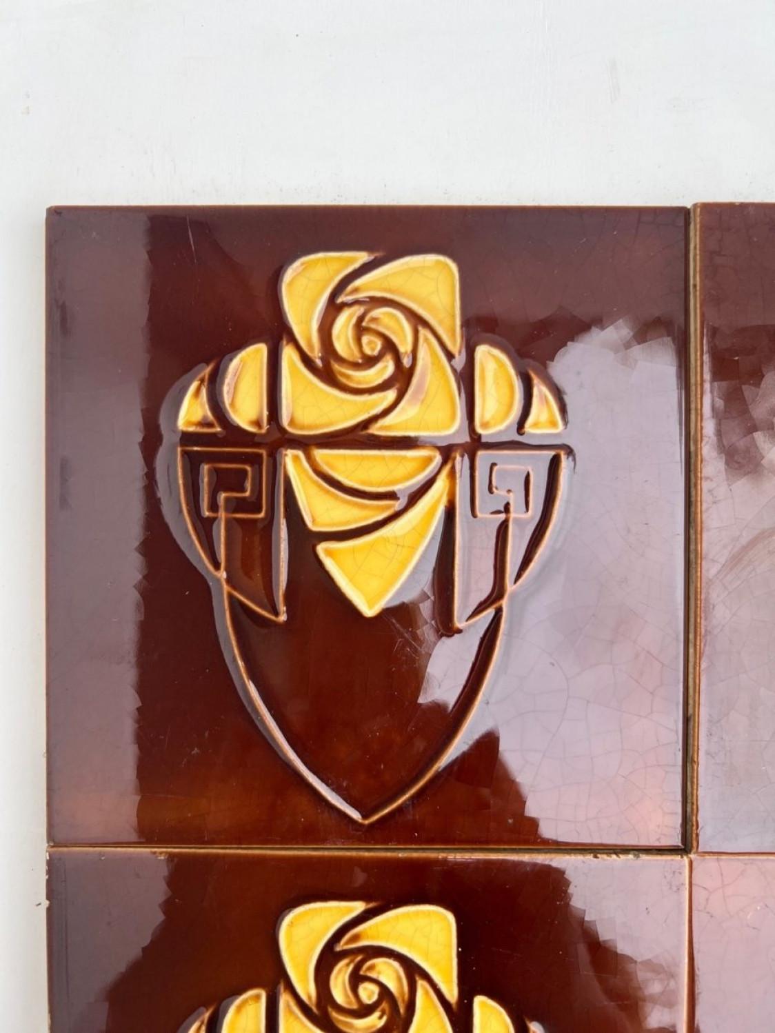 Brown and Yellow Art Nouveau Glazed Relief Tiles by Gilliot, Hemiksem, circa 192 For Sale 4