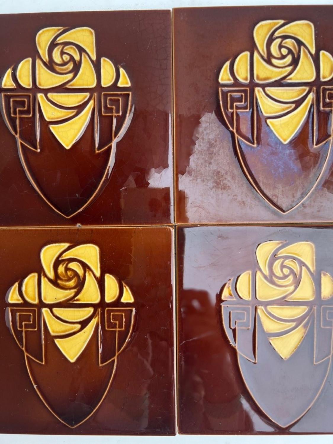 Brown and Yellow Art Nouveau Glazed Relief Tiles by Gilliot, Hemiksem, circa 192 For Sale 5