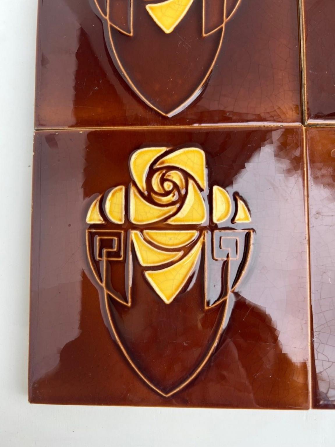 Handmade relief tiles in warm brown and yellow glazed colors. Manufactured around 1920 by Gilliot Hemiksem, Belgium.
These tiles would be charming displayed on easels, framed or incorporated into a custom tile design.

Please note that the price is