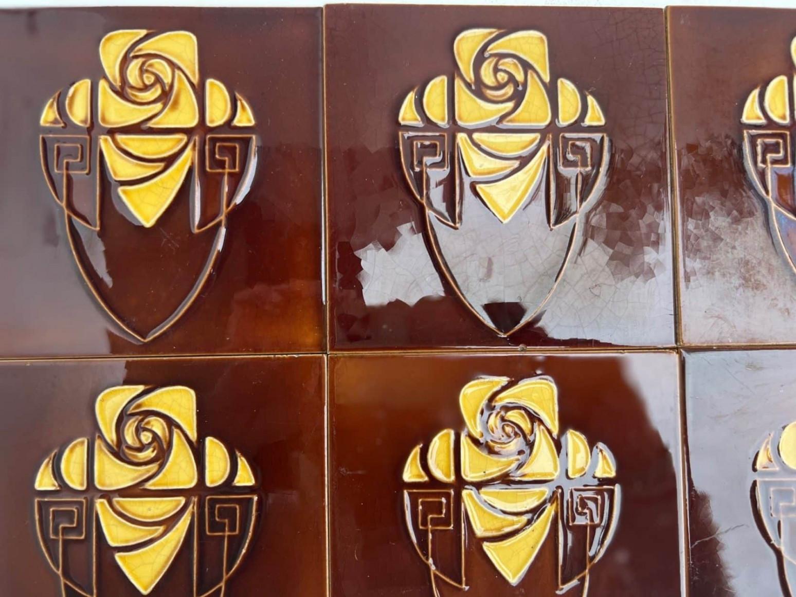 Art Deco Brown and Yellow Art Nouveau Glazed Relief Tiles by Gilliot, Hemiksem, circa 192 For Sale