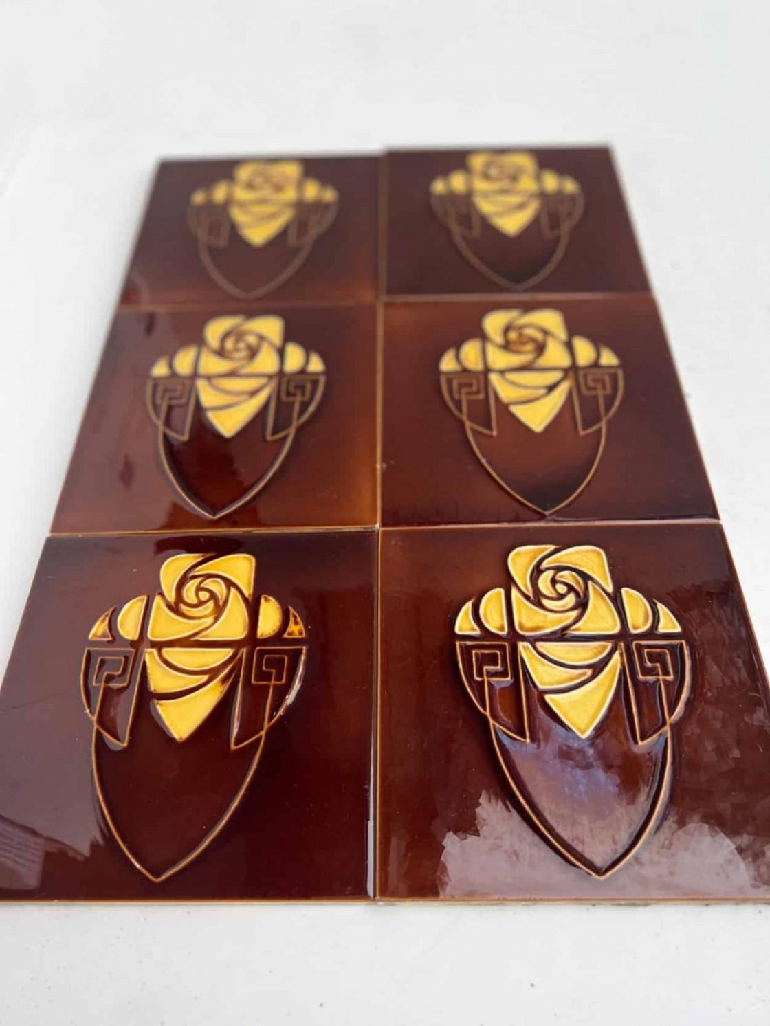 Belgian Brown and Yellow Art Nouveau Glazed Relief Tiles by Gilliot, Hemiksem, circa 192 For Sale