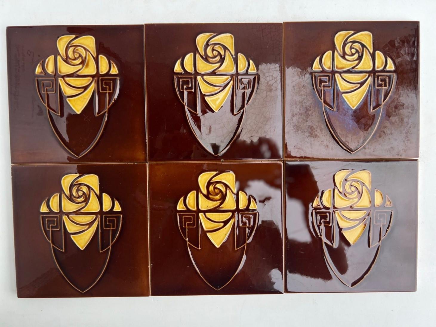 Brown and Yellow Art Nouveau Glazed Relief Tiles by Gilliot, Hemiksem, circa 192 In Fair Condition For Sale In Rijssen, NL
