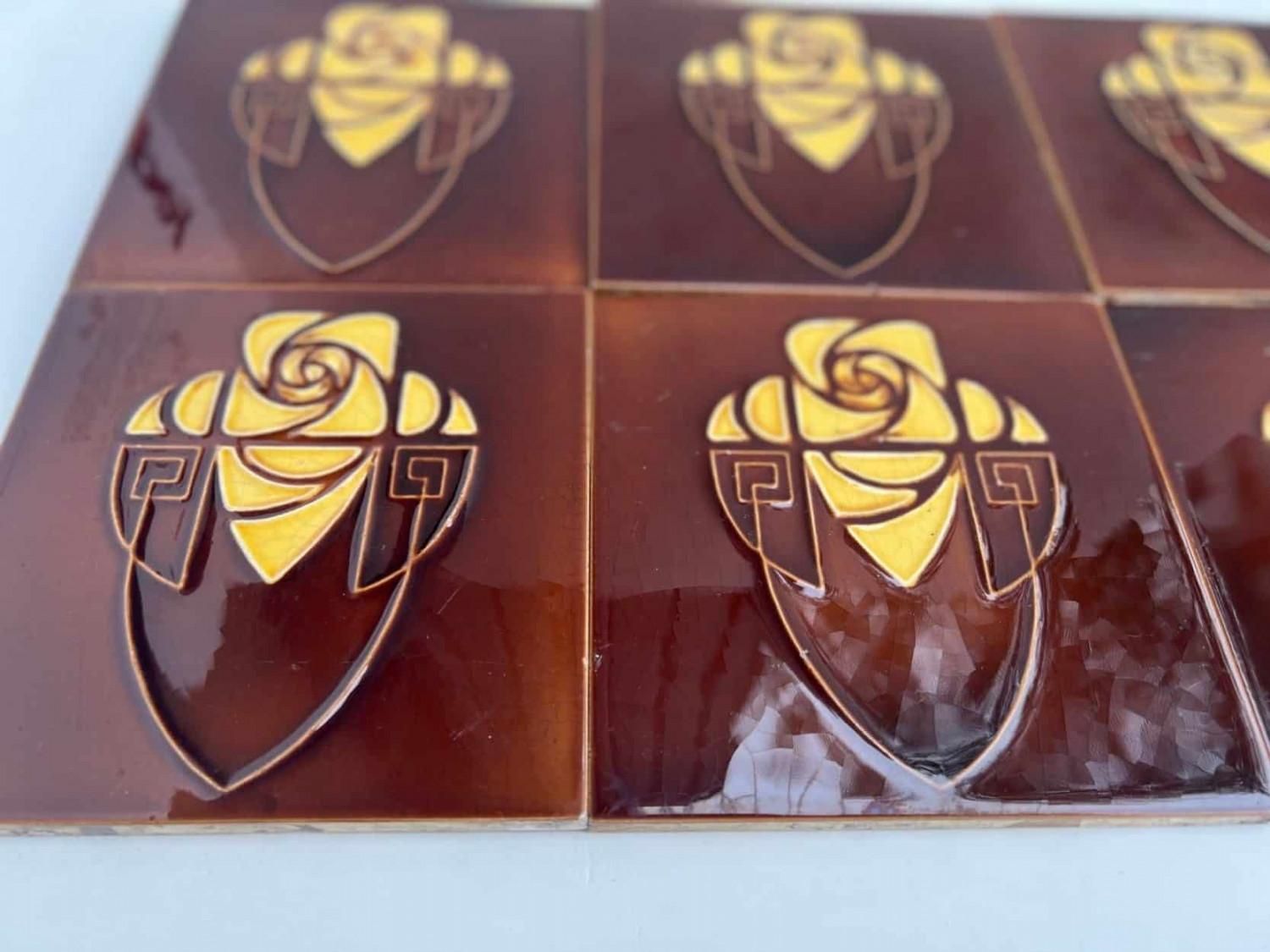 Early 20th Century Brown and Yellow Art Nouveau Glazed Relief Tiles by Gilliot, Hemiksem, circa 192 For Sale