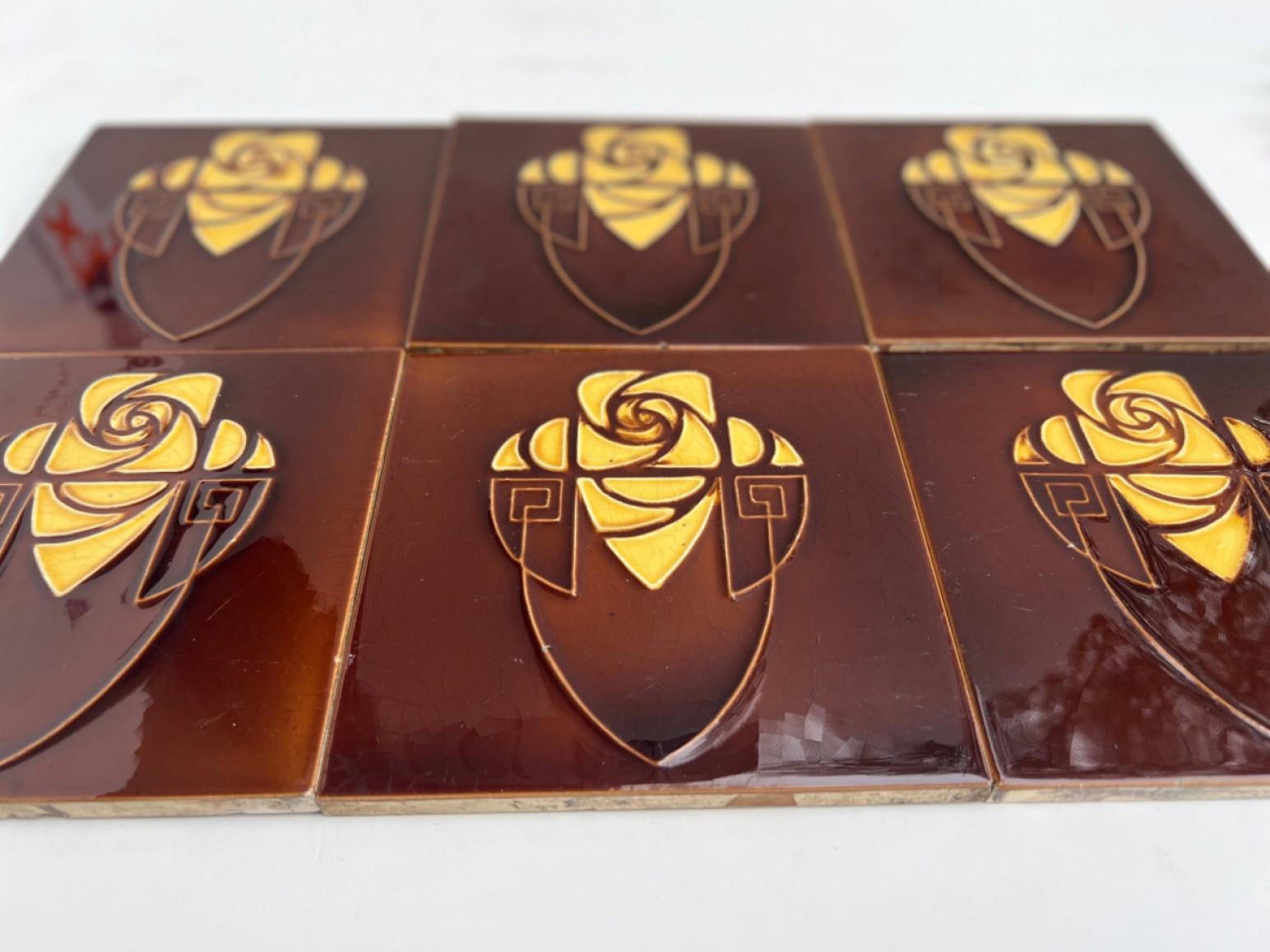Ceramic Brown and Yellow Art Nouveau Glazed Relief Tiles by Gilliot, Hemiksem, circa 192 For Sale