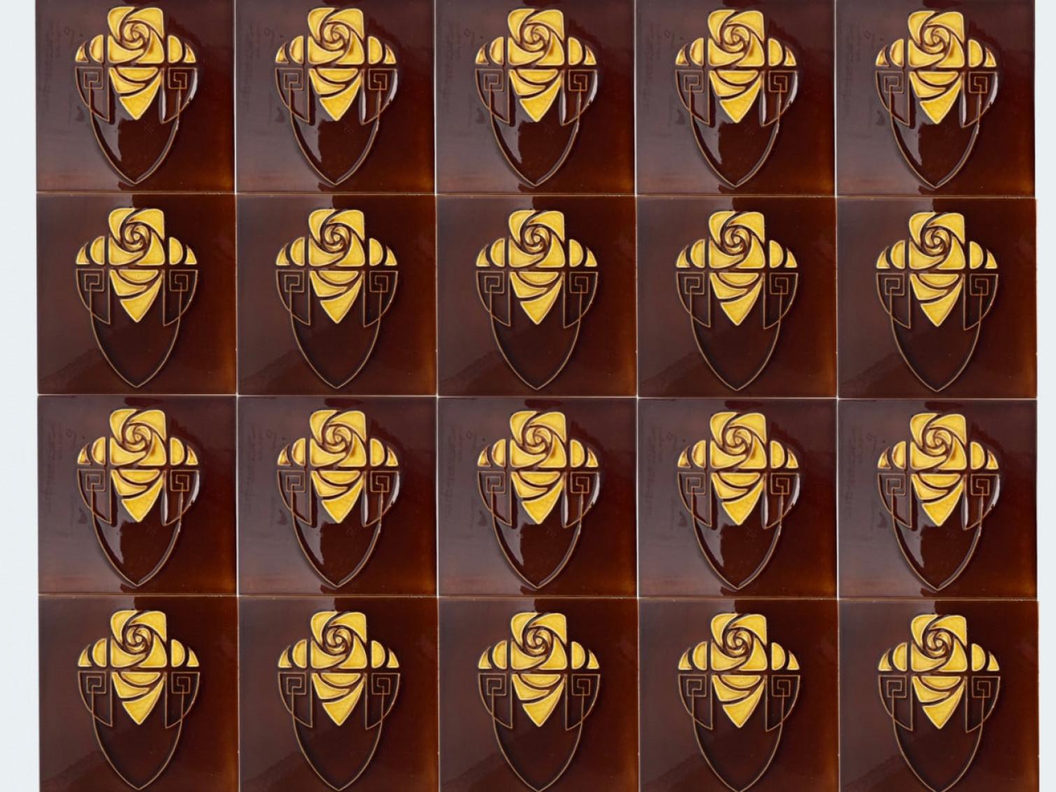 Brown and Yellow Art Nouveau Glazed Relief Tiles by Gilliot, Hemiksem, circa 192 For Sale 1