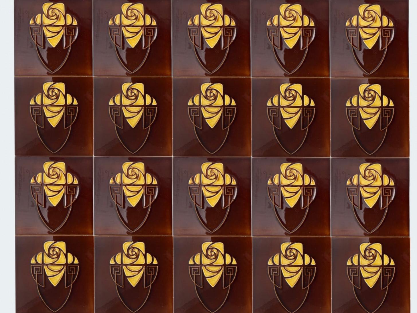 Brown and Yellow Art Nouveau Glazed Relief Tiles by Gilliot, Hemiksem, circa 192 For Sale 1