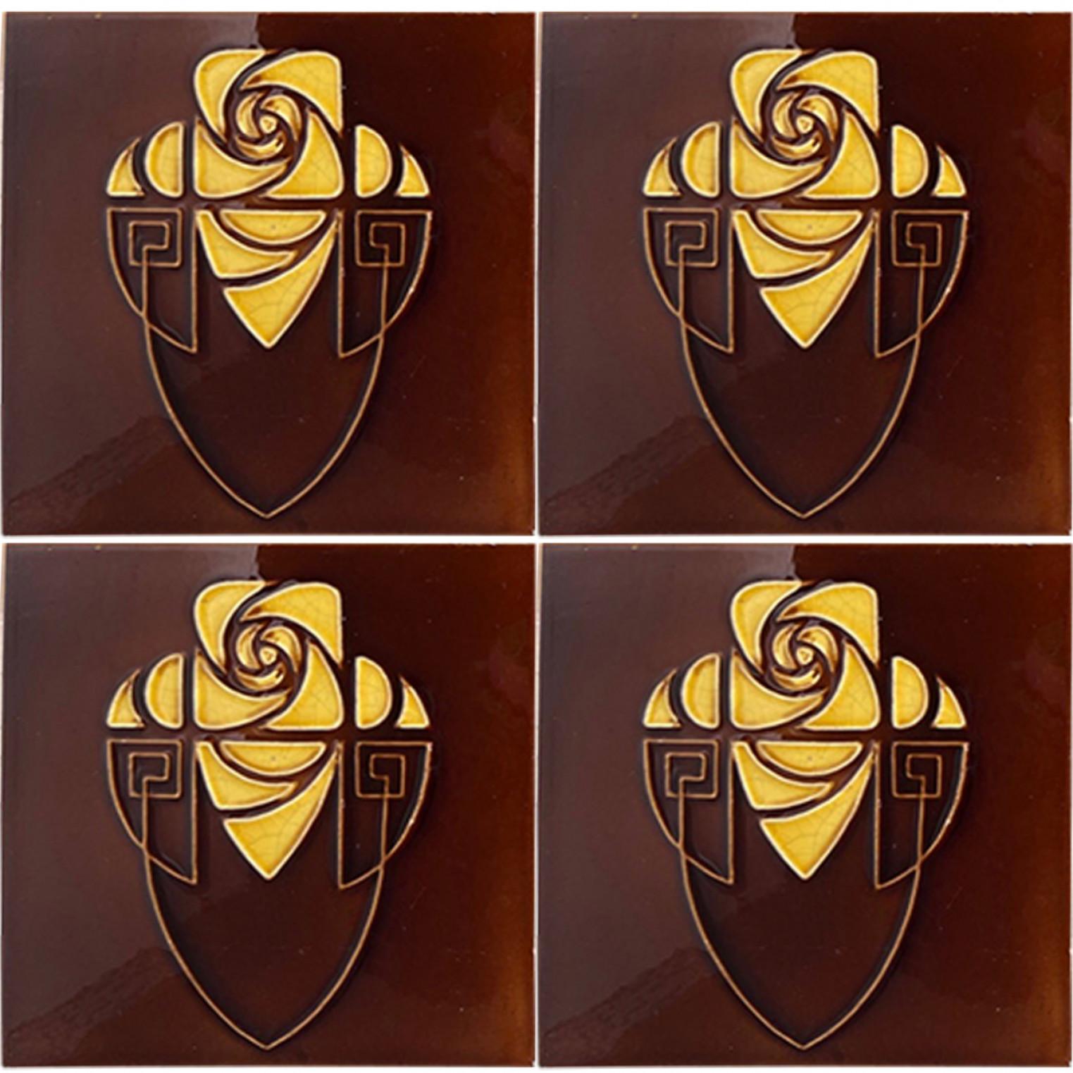 Brown and Yellow Art Nouveau Glazed Relief Tiles by Gilliot, Hemiksem, circa 192 For Sale 2