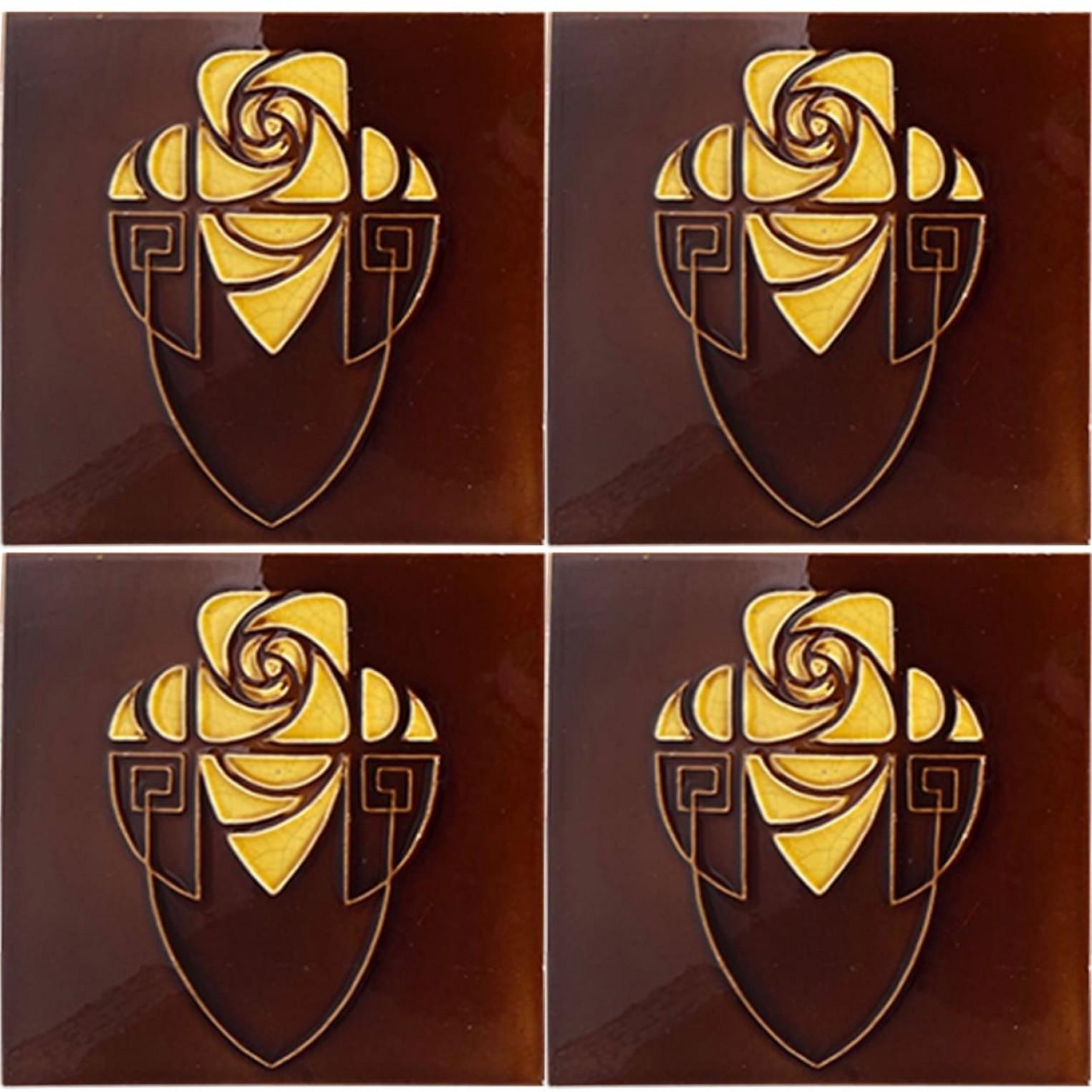Brown and Yellow Art Nouveau Glazed Relief Tiles by Gilliot, Hemiksem, circa 192 For Sale 2