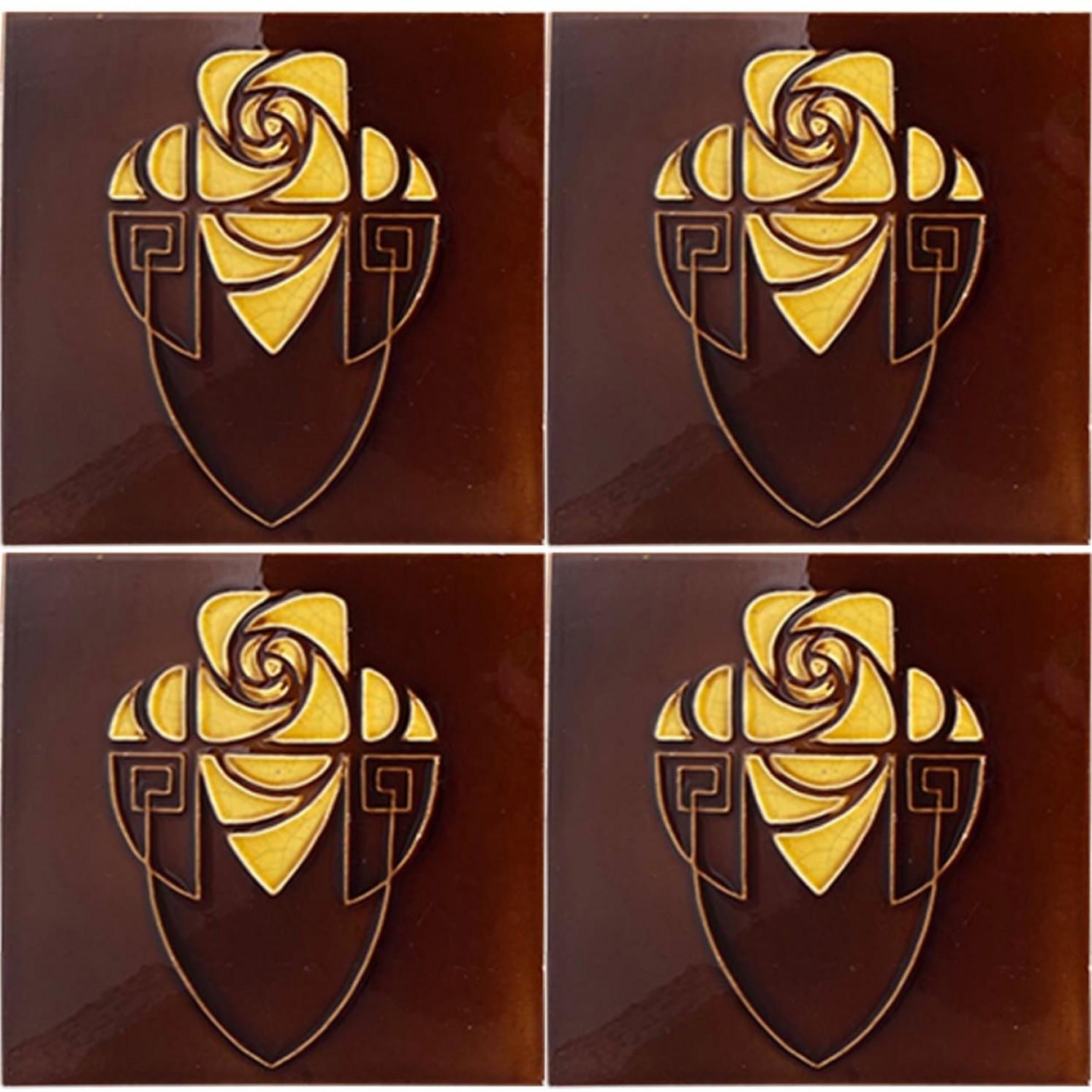 Brown and Yellow Art Nouveau Glazed Relief Tiles by Gilliot, Hemiksem, circa 192 For Sale 2
