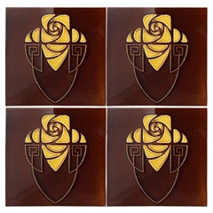 Brown and Yellow Art Nouveau Glazed Relief Tiles by Gilliot Hemiksem, circa 1920