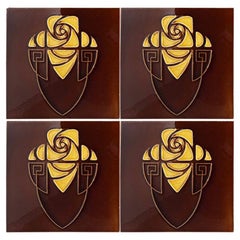 Brown and Yellow Art Nouveau Glazed Relief Tiles by Gilliot, Hemiksem, circa1920