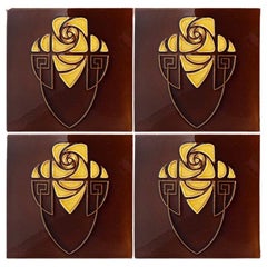 Brown and Yellow Art Nouveau Glazed Relief Tiles by Gilliot, Hemiksem, circa 192