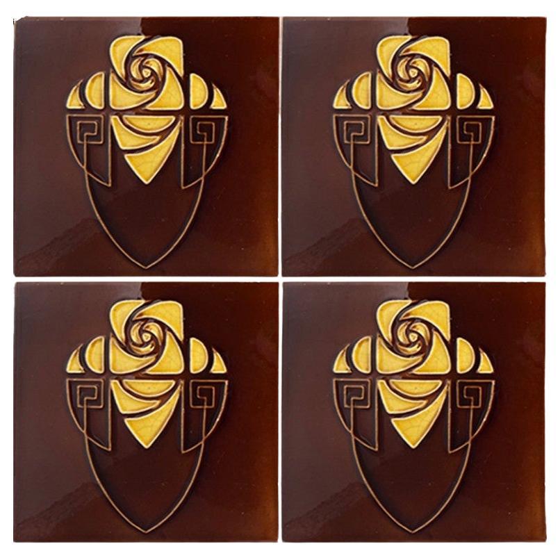 Brown and Yellow Art Nouveau Glazed Relief Tiles by Gilliot, Hemiksem, circa 192 For Sale