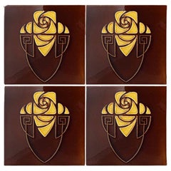 Antique Brown and Yellow Art Nouveau Glazed Relief Tiles by Gilliot, Hemiksem, circa 192